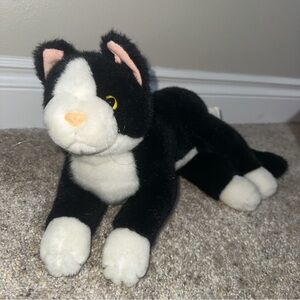 Rare Vintage Beta Toys Laying Tuxedo Plush Cat Black White 12” Stuffed Animal